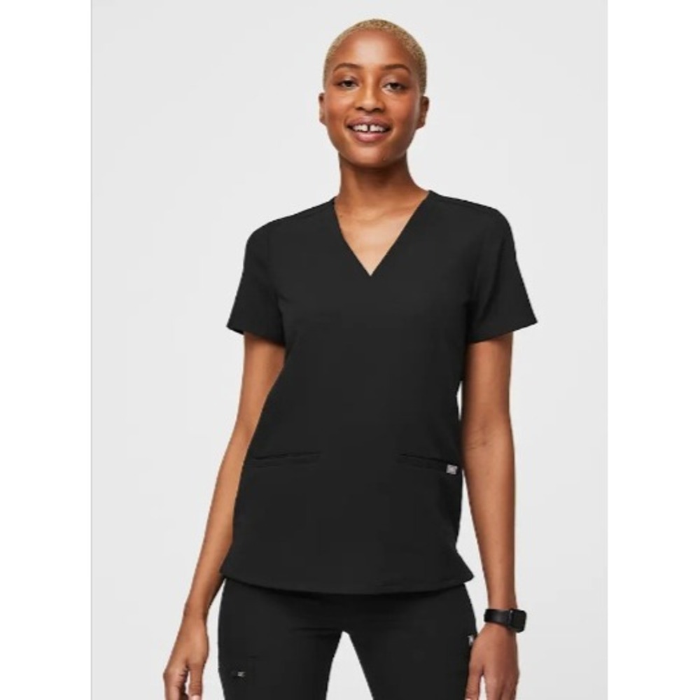 FIGS Casma Three Pocket Technical Scrub Top Black Stretch V Neck Medical XS